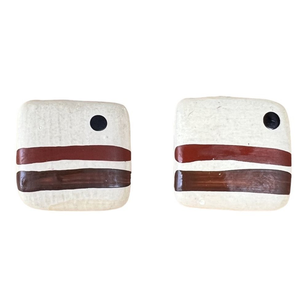 Vintage Hand Painted Pierced Earrings Square Cream Brown Rust